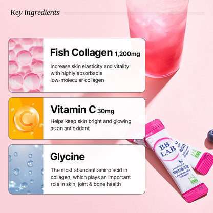 BB LAB Good Night Low Molecular Collagen Powder Stick Supplement, Halal Certified, Korean Marine Collagen, Fish Collagen Peptides, Vitamin C, Glycine, Fast Absorption, Mix Berry Flavor