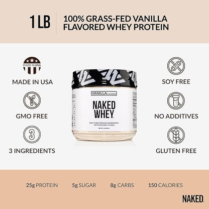 Naked Vanilla Whey Protein 1Lb, Only 3 Ingredients, All Natural Grass Fed Whey Protein Powder + Vanilla + Coconut Sugar- GMO-Free, Soy Free, Gluten Free. Aid Muscle Growth, 12 Servings