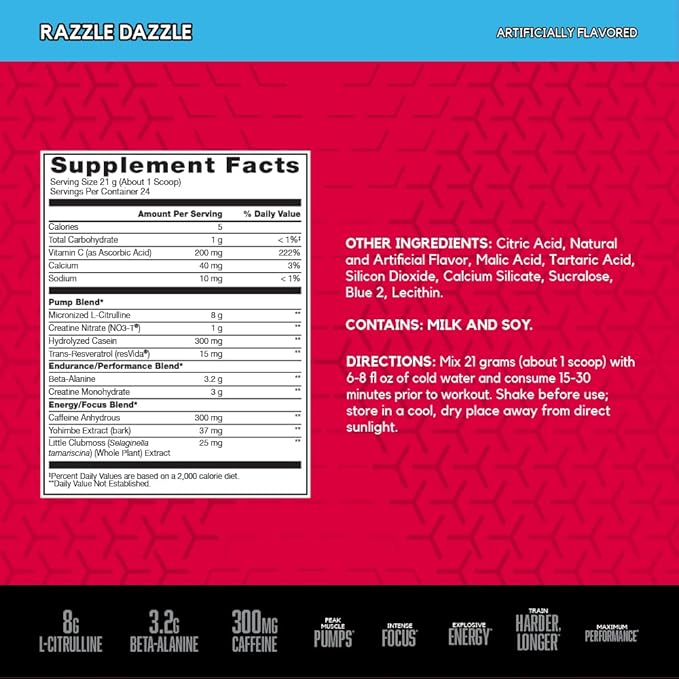 BSN N.O.-XPLODE Vaso Pre Workout Powder with 8g of L-Citrulline and 3.2g Beta-Alanine and Energy, Flavor: Razzle Dazzle, 24 Servings