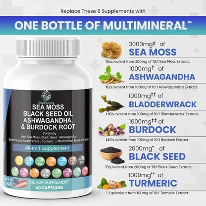 Sea Moss 3000mg Black Seed Oil 2000mg Ashwagandha 1000mg Turmeric 1000mg Bladderwrack 1000mg Burdock 1000mg & Vitamin C & D3 with Elderberry VitalBlends