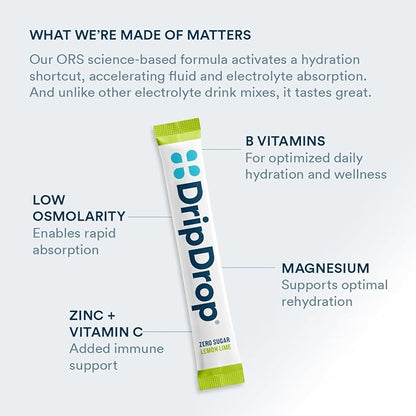DripDrop Hydration - Zero Sugar Lemon Lime - Electrolyte Drink Mix Single Serve Hydration Powder Packets | Non-GMO, Gluten Free, Vegan | 32 Sticks