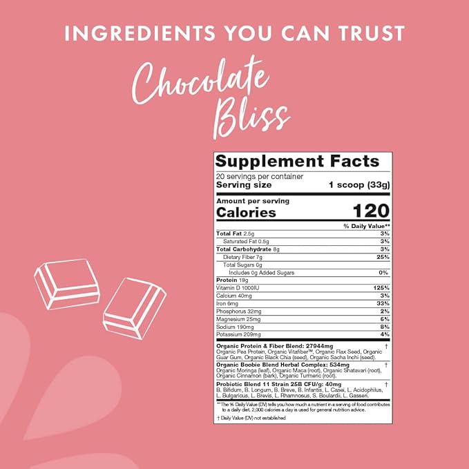 Boobie Body Superfood Protein Shake for Moms, Pregnancy Protein Powder, Lactation Support to Increase Milk Supply, Probiotics, Organic, Diary-Free, Gluten-Free, Vegan - Chocolate Bliss (20 servings)