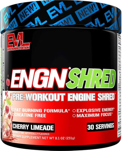 EVL Ultimate Pre Workout Powder - Thermogenic Fat Burner Preworkout Powder Drink for Lasting Energy Focus and Stamina - ENGN Shred Intense Fat Burning Creatine Free Preworkout Drink - Cherry Limeade