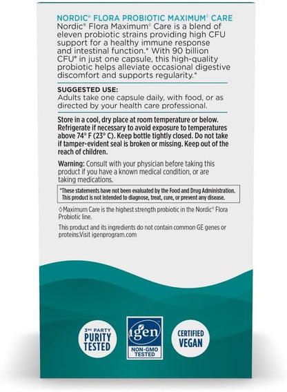 Nordic Naturals Nordic Flora Probiotic Maximum Care, 30 Capsules, 11 Probiotic Strains for Daily Immune and Digestive Health Support, Vegan, 30 Servings