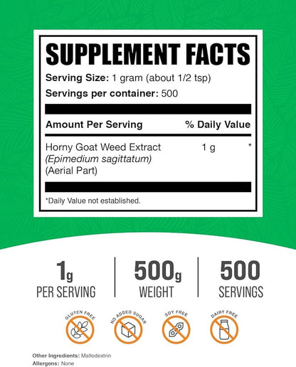 BulkSupplements.com Horny Goat Weed Extract - Epimedium Extract, Horny Goat Weed Herbal Supplements, Horny Goat Weed Powder- Gluten Free, 1000mg per Serving, 500g (1.1 lbs) (Pack of 1)