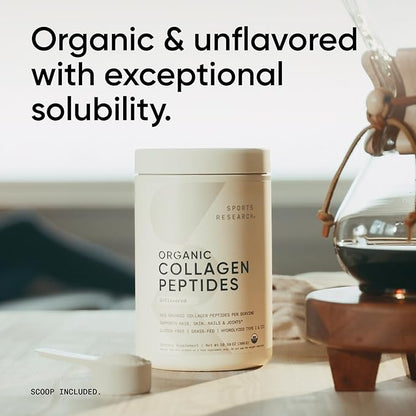 Sports Research­® Organic Collagen Peptides - Hydrolyzed Type I & III Collagen Protein Powder Made Sustainably from Grass-Fed Cows - Unflavored - 30 Servings