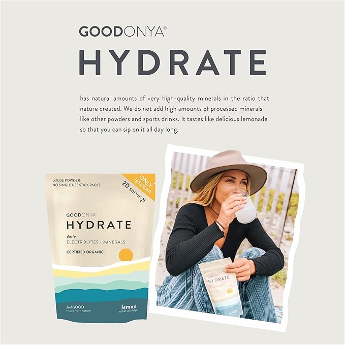 GOODONYA Organic Hydration Electrolyte Powder | Lemon, Coconut Water, Magnesium, Himalayan Pink Salt | Only 1g Sugar, No Artificial Flavors | USDA Organic & Plant-Based | 6 Servings