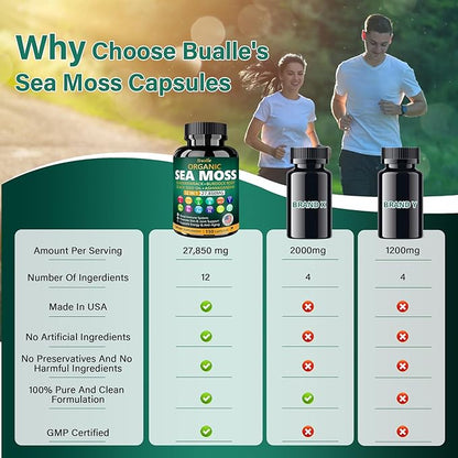 Organic Sea Moss Capsules 27,850mg with Sea Moss,Black Seed Oil,Ashwagandha,Bladderwrack,Ginger,Burdock Root for Immune System,Skin,Energy Support-USA Made (150 Capsules)
