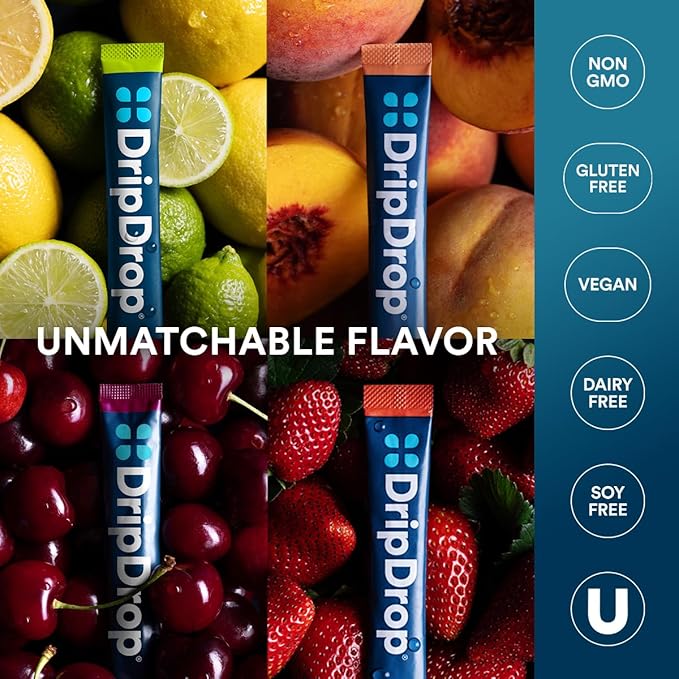 DripDrop Hydration - Sunburst Variety Pack - Electrolyte Drink Mix Single Serve Hydration Powder Packets - Lemon Lime, Strawberry, Peach, Black Cherry | Non-GMO, Gluten Free, Vegan | 32 Sticks