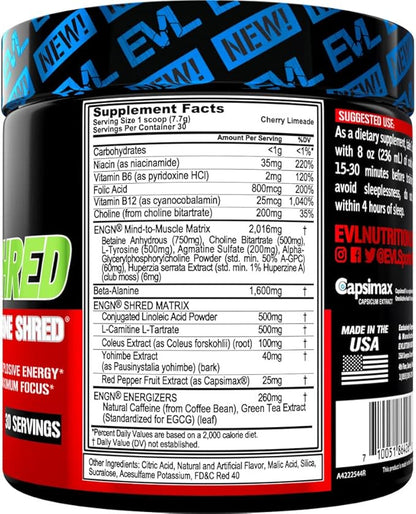 EVL Ultimate Pre Workout Powder - Thermogenic Fat Burner Preworkout Powder Drink for Lasting Energy Focus and Stamina - ENGN Shred Intense Fat Burning Creatine Free Preworkout Drink - Cherry Limeade