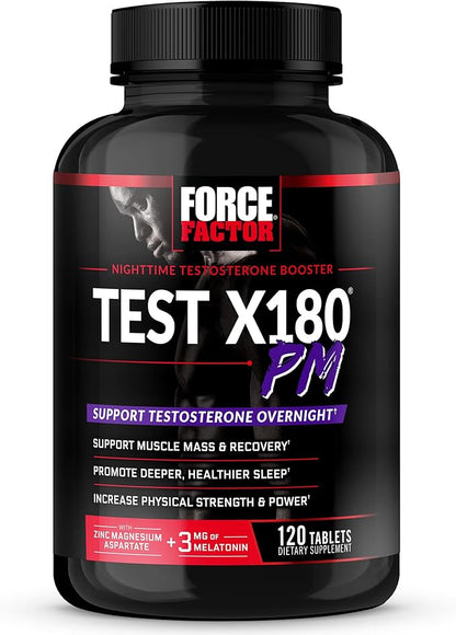 Force Factor Test X180 PM Testosterone Booster for Men, Overnight Testosterone Supplement to Build Muscle, Increase Strength, and Promote Deeper, Healthier Sleep and Recovery, 120 Tablets
