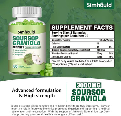 2 Pack Soursop Graviola Gummies - 3000mg Extra Strength Soursop Leaves Supplement with Vitamin C, Zinc - Digestive Aid, Immune Support & Antioxidant - Sugar-Free, Non-GMO, Vegan, 120 Counts