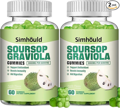 2 Pack Soursop Graviola Gummies - 3000mg Extra Strength Soursop Leaves Supplement with Vitamin C, Zinc - Digestive Aid, Immune Support & Antioxidant - Sugar-Free, Non-GMO, Vegan, 120 Counts