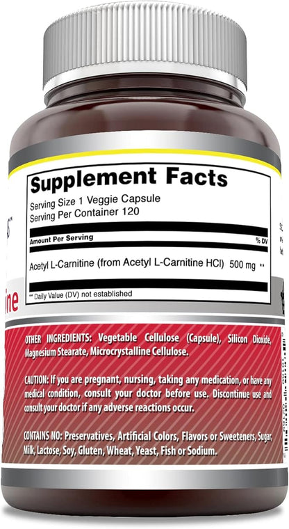 Amazing Formulas Acetyl L-Carnitine Hcl Supplement | 500 Mg Per Serving | 120 Veggie Capsules Supplement | Non-GMO | Gluten Free | Made in USA