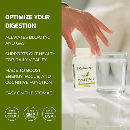 BiOptimizers MassZymes - Complete Digestive Enzymes Supplement for Gut Health - Bloating Relief for Men and Women - Lipase Amylase Bromelain Digestive Enzymes (120 Capsules)