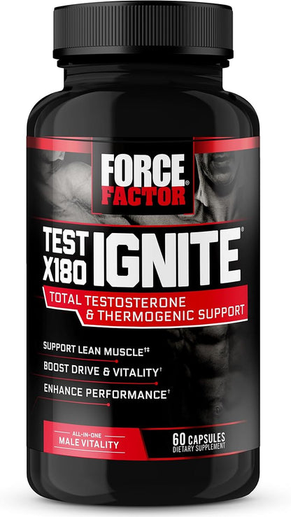 Force Factor Test X180 Ignite Testosterone Booster for Men, Testosterone Support Supplement to Help Burn Fat, Boost Vitality, and Increase Energy, 60 Capsules