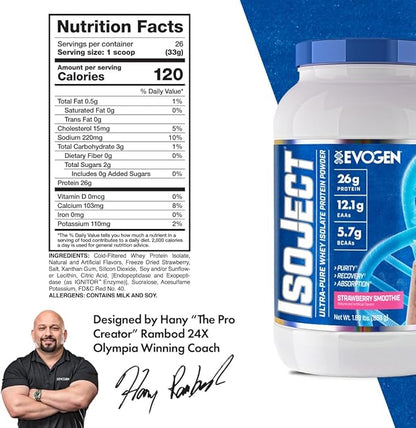 Evogen Isoject - Whey Isolate Protein Powder | Ultra-Pure Whey Isolate, Enhanced Absorption & Recovery | Ignitor Enzymes, BCAAs, EAAs | Strawberry Smoothie | 26 Servings