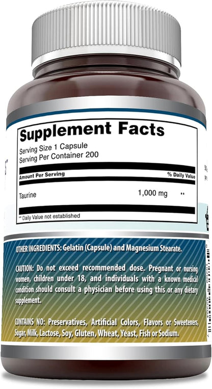 Amazing Formulas Taurine 1000 Mg per Serving 200 Capsules Amino Acid Supplement | Non-GMO | Gluten Free | Made in USA