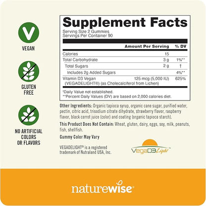 NatureWise Vitamin D3 5000 IU Gummies - Mixed Berry Flavor - Vegan D from Lichen, Pectin Based, Immune Support for Adults, Muscle & Bone Strength - Gluten Free, Non-GMO - 180 Count[3-Month Supply]