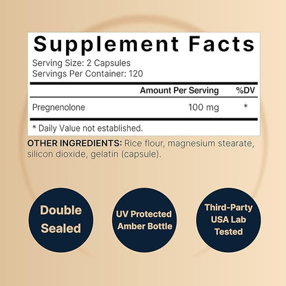 Pregnenolone 100mg, 240 Capsules | 99% Purity, Micronized Grade for Higher Absorption, Plant Based – Natural Precursor, Brain, & Immune Health Supplement – Non-GMO, Soy Free