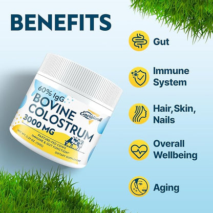 Bovine Colostrum Supplement Powder - 60% IgG 3000 mg for Gut, Hair Growth, Beauty, and Immune, Easy to Mix, Unflavored (50 Servings)
