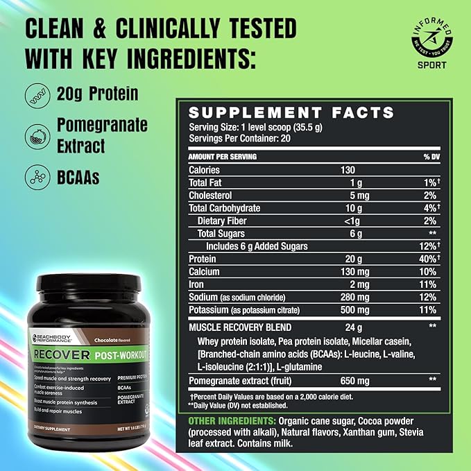 BODi Recover Whey Protein Powder Blend– Post-Workout Chocolate Whey Supplement for Muscle Recovery with 20g Protein, BCAAs, Pomegranate Extract - Fast Recovery - 20 Serving Tub