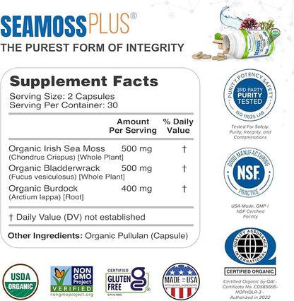 Power By Naturals Sea Moss Plus - USDA Certified Organic Wildcrafted Irish Seamoss, Bladderwrack & Burdock Root, Supplement for Immunity, 60Ct, 2 Pack