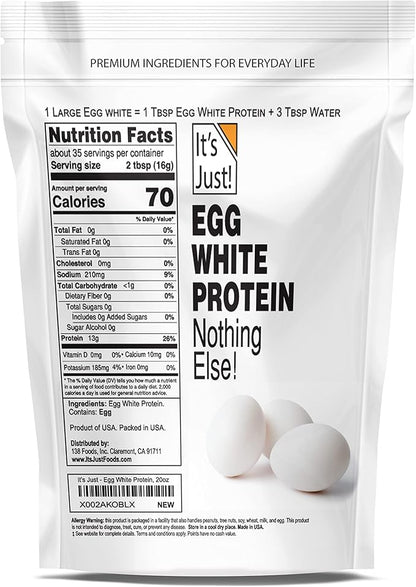 It's Just! - Egg White Protein Powder, Dried Egg Whites Protein, Meringue Ingredient, Non-GMO, USA Farms (Unflavored, 20oz)