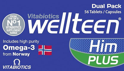 Wellteen Him Plus Omega-3 - Maximum Nutritional Support for Teenagers and Young Men Ages 13-19 - 56 Tablets and Capsules