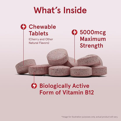 Jarrow Formulas Maximum Strength Methyl B-12 5000 mcg - Dietary Supplement - 90 Cherry Flavored Chewable Tablets - Bioactive Vitamin B-12 - Supports Cellular Energy Production, Sleep & Brain Health