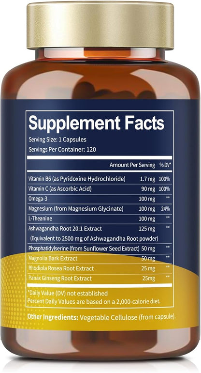 Cortisol Supplement with Ashwagandha,Magnesium,Rhodiola Rosea,L Theanine,Hormone Balance for Women Mood, Focus, Sleep Support 120 Vegan Capsules (Pack of 1)