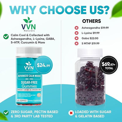 Sugar Free 22 in 1 Calm Mood Gummies St. John's Wort, 5-HTP, GABA, Ashwagandha| Magnesium Glycinate Gummies | Non-GMO, Natural Support Stress & Relaxation, Mood & Energy | Vegan, 60 ct.