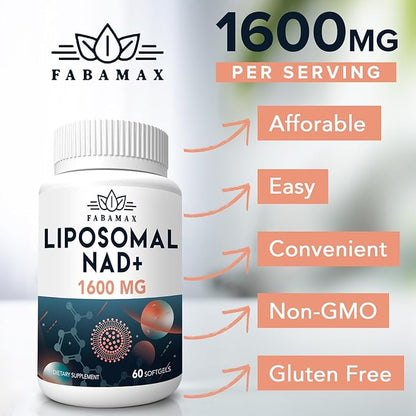 1600 mg Liposomal NAD Supplement, 98% Pure NAD+ Supplement, Superior Absorption, Alternative to Nicotinamide Riboside or NADH to Boost NAD+ for Aging Defense, Energy, Longevity, 120 Softgels