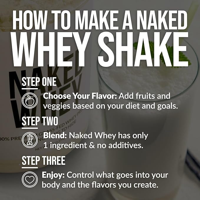 Naked Whey 2LB 100% Grass Fed Whey Protein Powder - Only 1 Ingredient, Unflavored Whey Protein, Undenatured, Gluten Free, Soy Free, No GMOs, No Preservatives