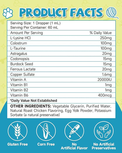 Lysine for Cats - L-Lysine Supplement for Cats & Kittens, Cat Immune Support, Allergy Relief, Sneezing, Cat L-Lysine Drops with Colostrum, Taurine, Vitamins & Minerals, Astragalus - 2Fl Oz