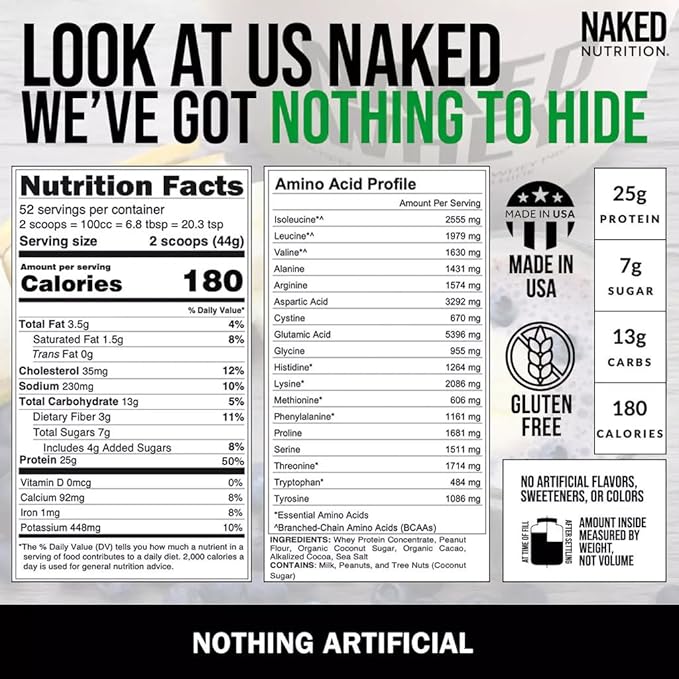 Naked Whey Chocolate Peanut Butter Grass Fed Whey Protein Powder, No GMO, No Soy, and Gluten Free, Aid Growth and Recovery - 52 Servings