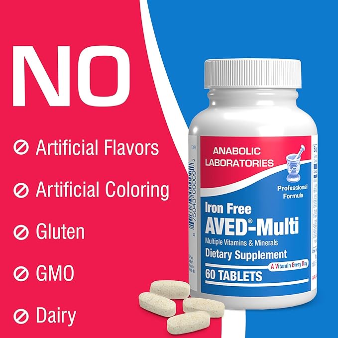 Iron Free Daily Multivitamin for Men and Women, 60 Tablets - AVED Daily Multi Vitamin and Minerals Health Supplement - Vitamins A, C, D, E, Vitamin B Complex, Zinc, Calcium, Magnesium, More