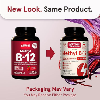 Jarrow Formulas Maximum Strength Methyl B-12 5000 mcg - Dietary Supplement - 90 Cherry Flavored Chewable Tablets - Bioactive Vitamin B-12 - Supports Cellular Energy Production, Sleep & Brain Health