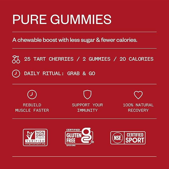 Cheribundi 100% Tart Cherry Gummies Pure Performance for Maximum Recovery with 25 Tart Cherries & 20 Calories per Serving - Powerful Antioxidant, Non-GMO, Gluten Free, Vegan - 60 Count (30 Servings)