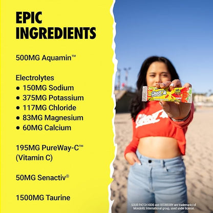 GHOST Hydration Packets, Sour Patch Kids Redberry, 24 Sticks, Electrolyte Powder - Drink Mix Supplement with Magnesium, Potassium, Calcium, Vitamin C - Vegan, Free of Soy, Sugar & Gluten