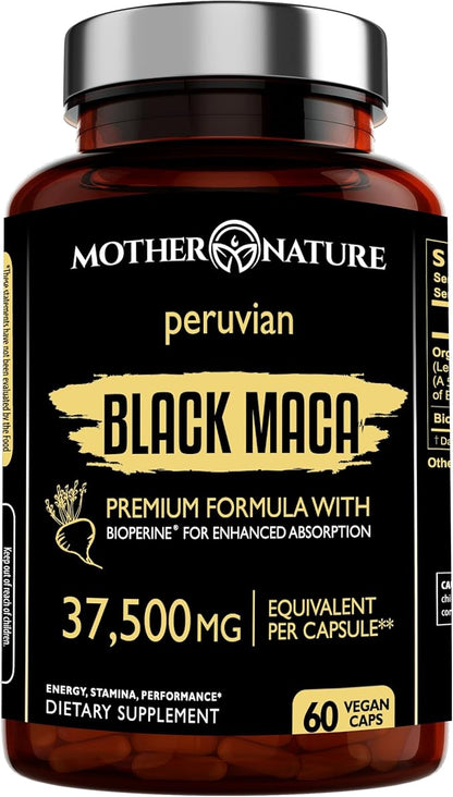 Mother Nature Black Maca Root Capsules – 50:1 37,500mg Peruvian Black Maca Root for Men, Women with Bioperine – Maca Root Capsules to Boost Stamina, Performance, Energy, Muscle Gain – 60-Count