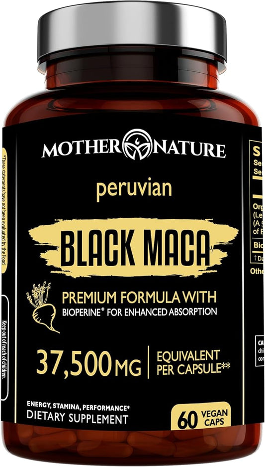 Mother Nature Black Maca Root Capsules – 50:1 37,500mg Peruvian Black Maca Root for Men, Women with Bioperine – Maca Root Capsules to Boost Stamina, Performance, Energy, Muscle Gain – 60-Count