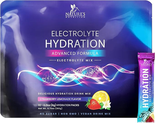 Electrolytes Powder Hydration Packets | Sugar Free Recovery Electrolyte Drink Mix Powder Replenisher in Convenient On the Go Hydration Packets | Non-GMO, Vegan, Keto, Strawberry Lemonade - 32 Servings