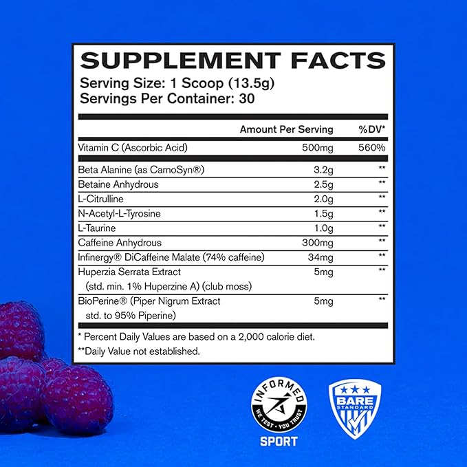 Bare Performance Nutrition BPN Flight Pre Workout, Supports Energy and Mental Focus, Improved Endurance & Muscle Pumps with CarnoSyn® Beta Alanine, Blue Raspberry, 30 Servings
