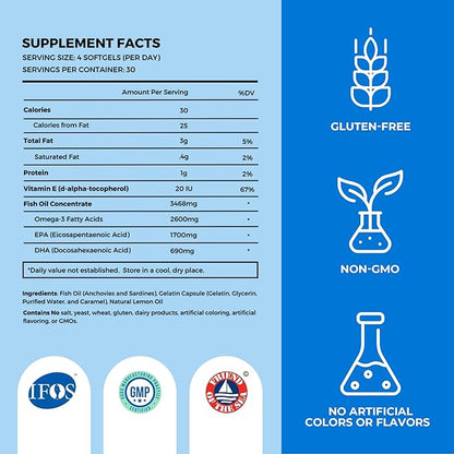 Fish Oil Supplements with Omega 3 Fatty Acids (5 Bottle, 120 Softgels) - High EPA, DHA, & IFOS Fish Oil Pills Support Heart & Joint Health - Burpless Fish Oil Promotes Brain Function