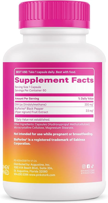 Pink Stork DIM Supplement for Women - Estrogen and Hormone Balance for Menopause, Perimenopause & PMS - DIM 200 mg Plus BioPerine for Mood Support - 60 Day Supply