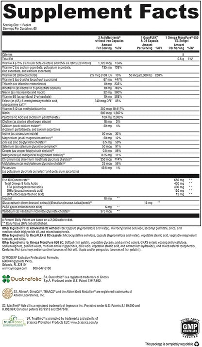 XYMOGEN ActivEssentials with OncoPLEX & D3 - Daily Dose Pack Nutrition with 3 Supplements - ActivNutrients Multivitamin Without Iron, 2000 IU Vitamin D3 & Glucoraphanin, Omega-3 Fish Oil (60 Packets)