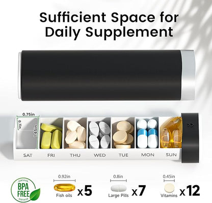 Weekly Pill Organizer 7 Day, Betife Daily Pill Box, Travel Pill Case, Cute Pill Holder to Hold Vitamins, Medicines, Supplements, Pills Organizer(Black)