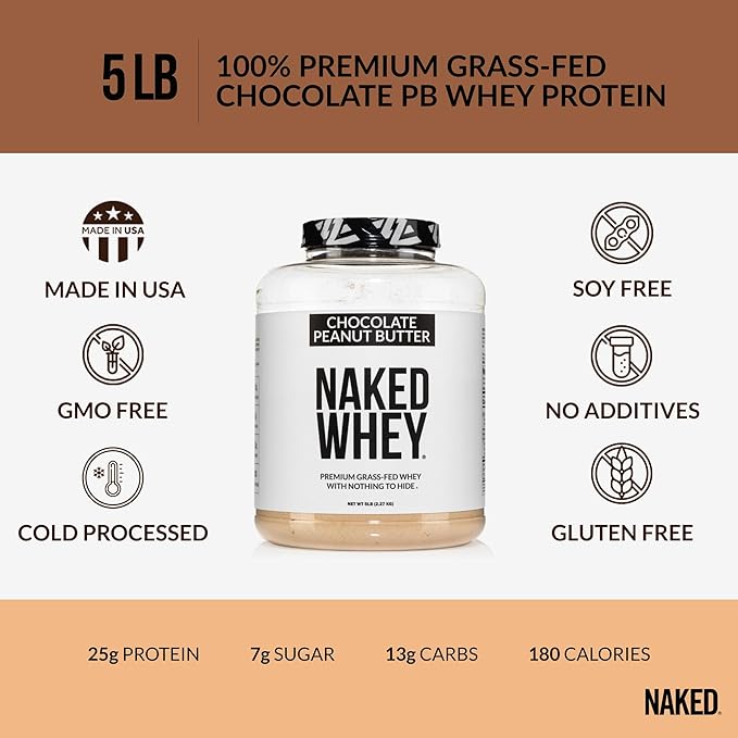 Naked Whey Chocolate Peanut Butter Grass Fed Whey Protein Powder, No GMO, No Soy, and Gluten Free, Aid Growth and Recovery - 52 Servings