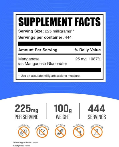 BulkSupplements.com Manganese Gluconate Powder - Manganese Supplements, Essential Trace Mineral - High Absorption & Gluten Free, 225mg per Serving, 100g (3.5 oz) (Pack of 1)
